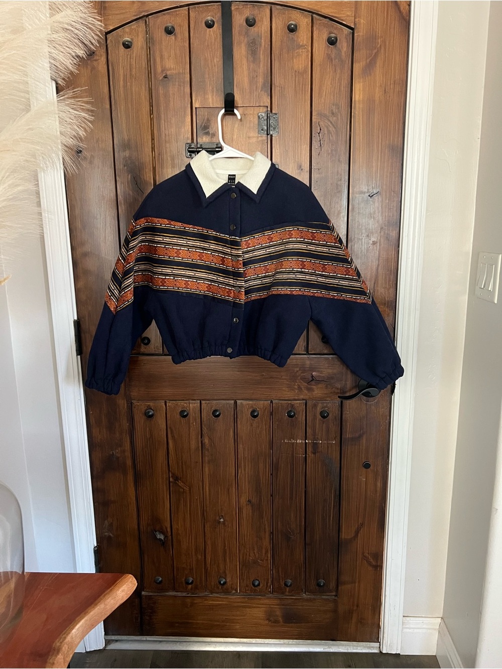 SHEIN Navy Zip-Up Sweater with Rust Stripe Detail